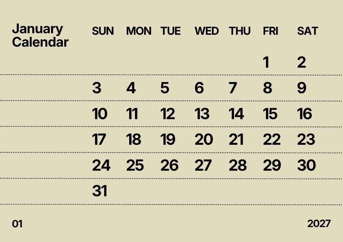 Simple January 2027 Calendar - slide 1