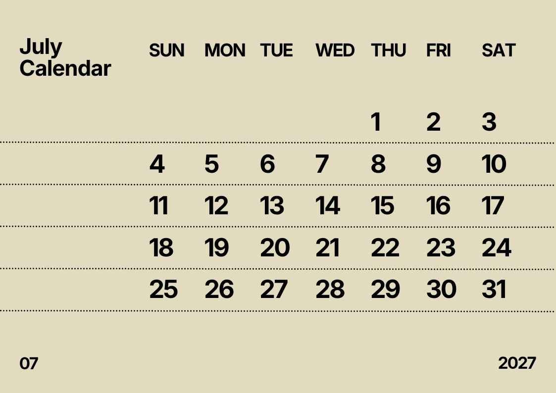 Simple July 2027 Calendar - slide 1
