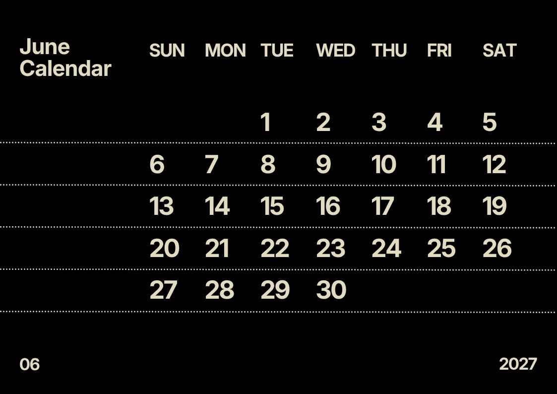 Simple June 2027 Calendar - slide 1