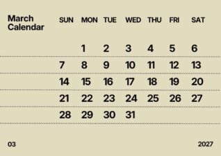 Simple March 2027 Calendar