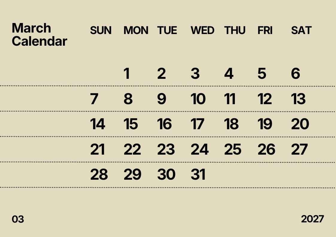 Simple March 2027 Calendar - slide 1