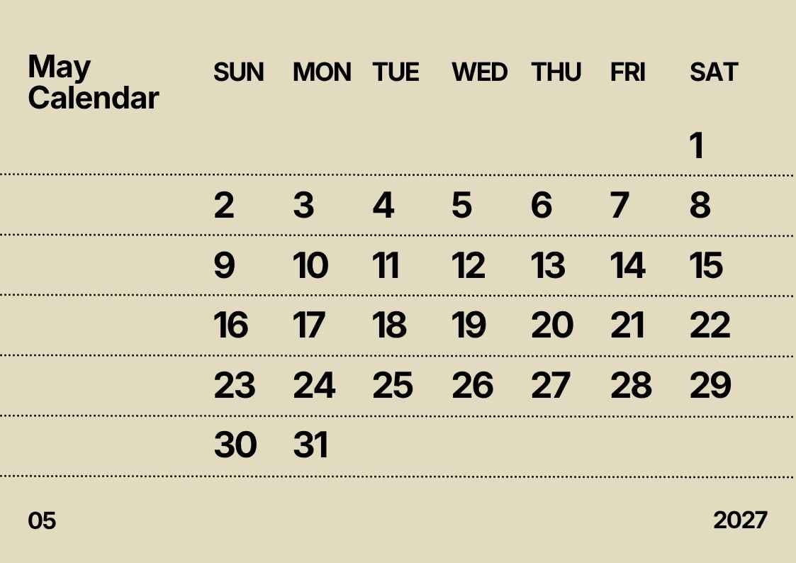 Simple May 2027 Calendar - slide 1