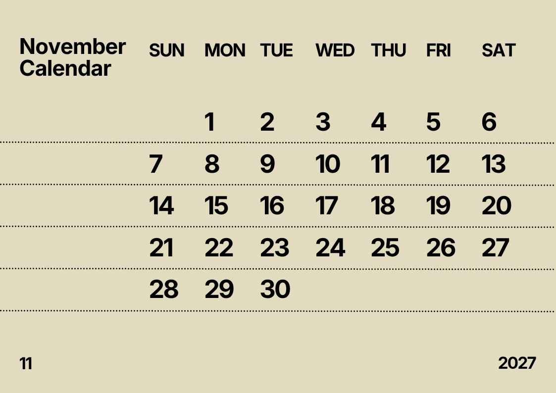 Simple November 2027 Calendar - slide 1