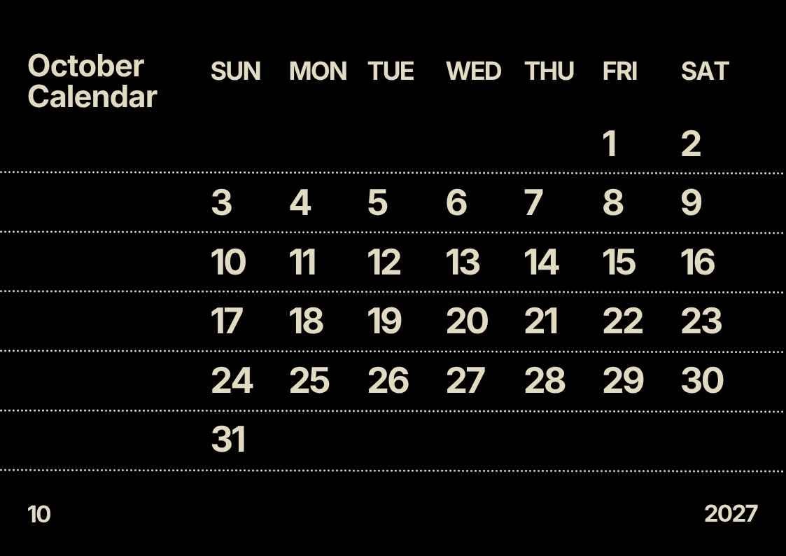 Simple October 2027 Calendar - slide 1