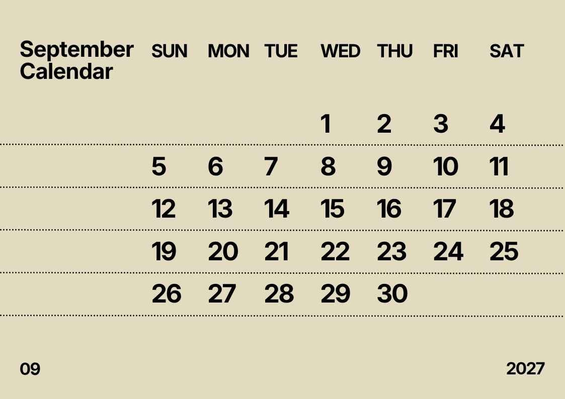 Simple September 2027 Calendar - slide 1